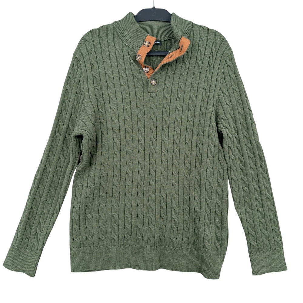 JMIERR Cable Knit Sweater Mens XL Viscose Blend Green Elbow Patch Quarter Button